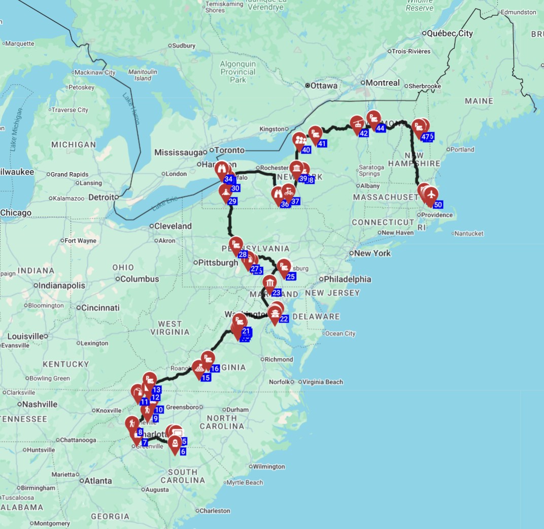 Map for השכרת קמפרוואן בארהב תכנון מסלול טיול קרוואנים משארלוט לבוסטון